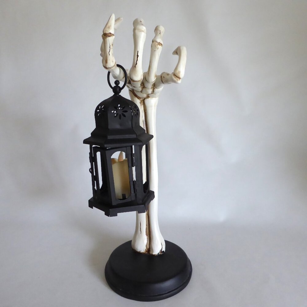 NEW 16” GOTHIC HALLOWEEN SKELETON ARM HOLDING METAL LANTERN CANDLE SCULPTURE - Picture 8 of 14